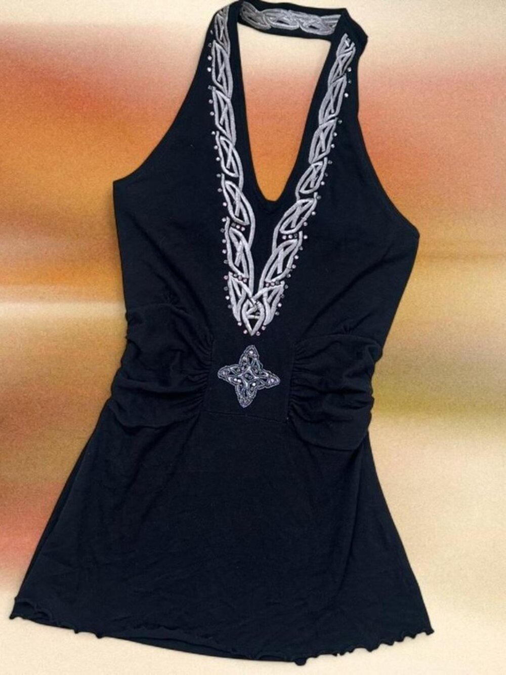 Black Embroidered Halter Mini Dress